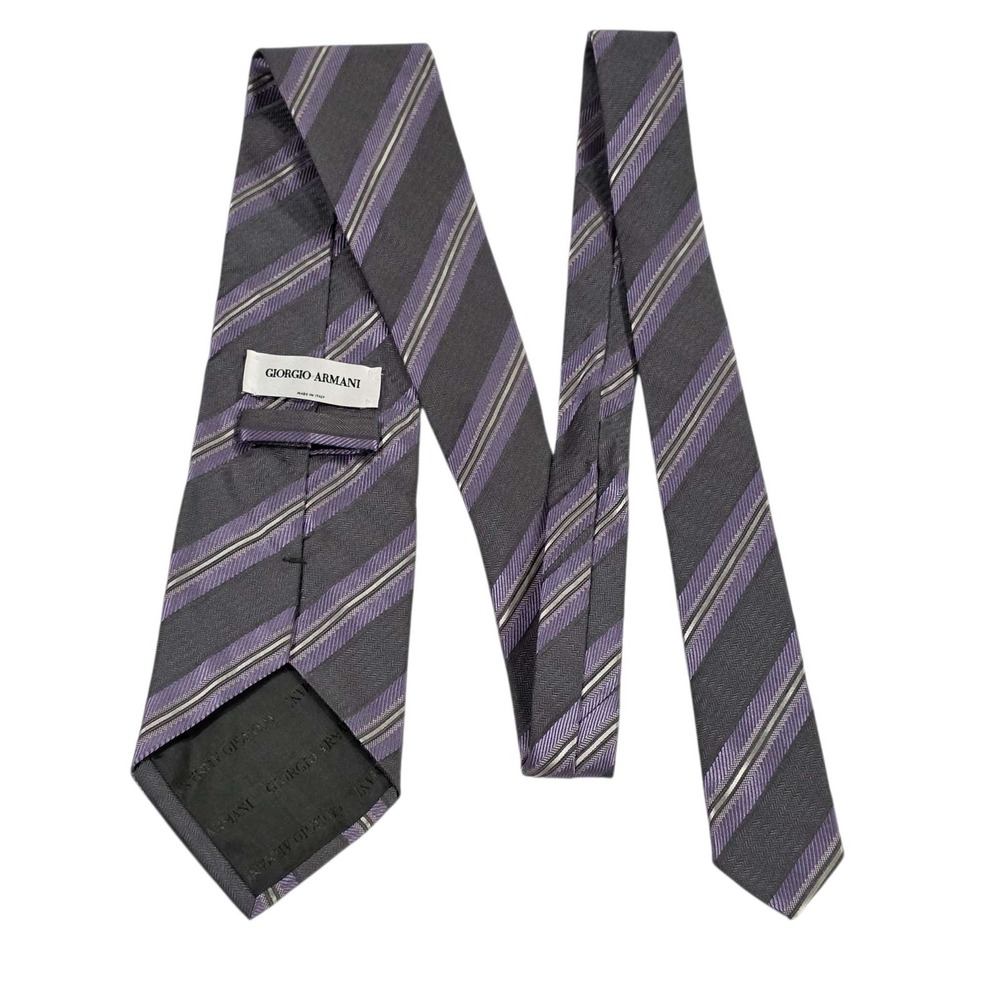 Giorgio Armani Striped Silk Tie Grey Purple Made in Italy Men's Formal Wear